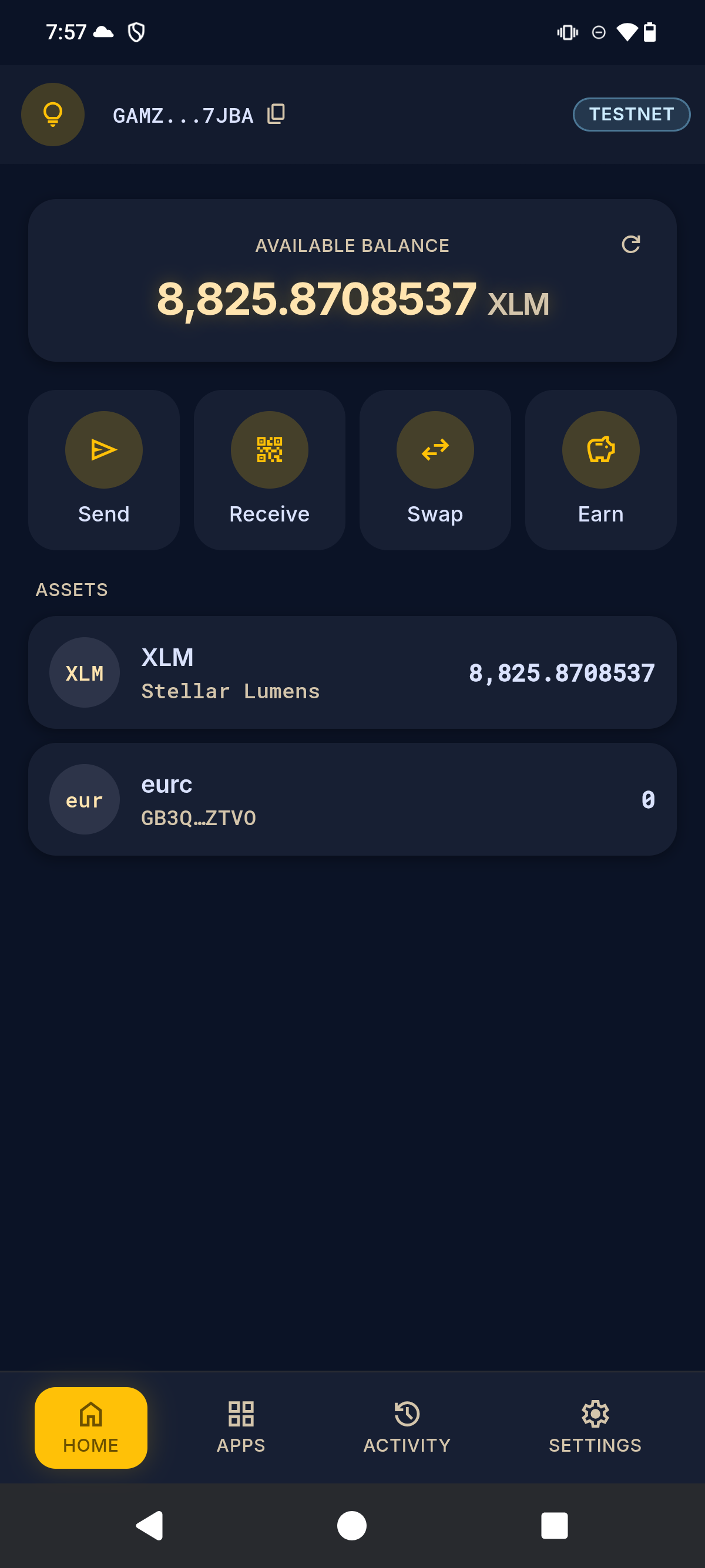 Lantern home screen showing an XLM balance with Send, Receive, Swap and Earn actions