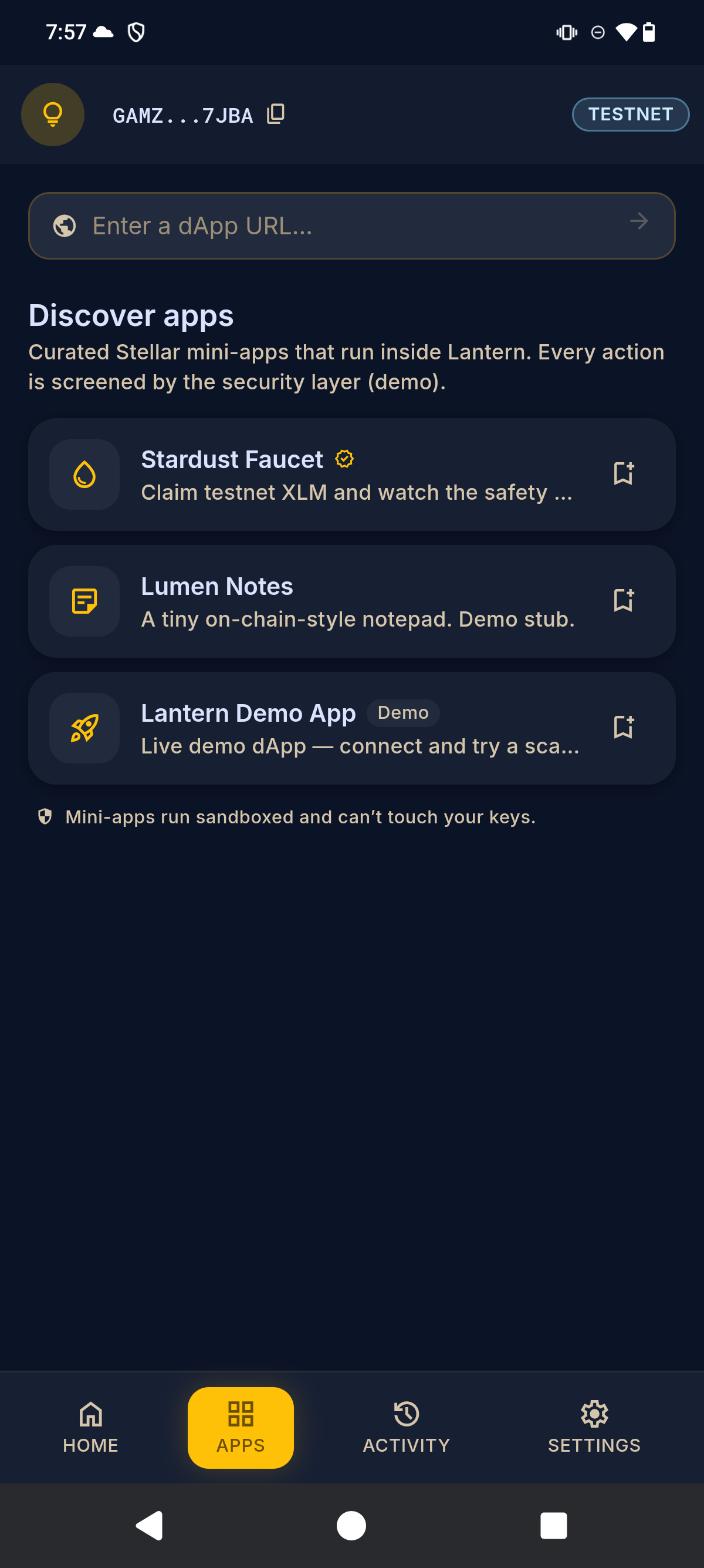 Lantern mini-app browser listing curated Stellar dApps