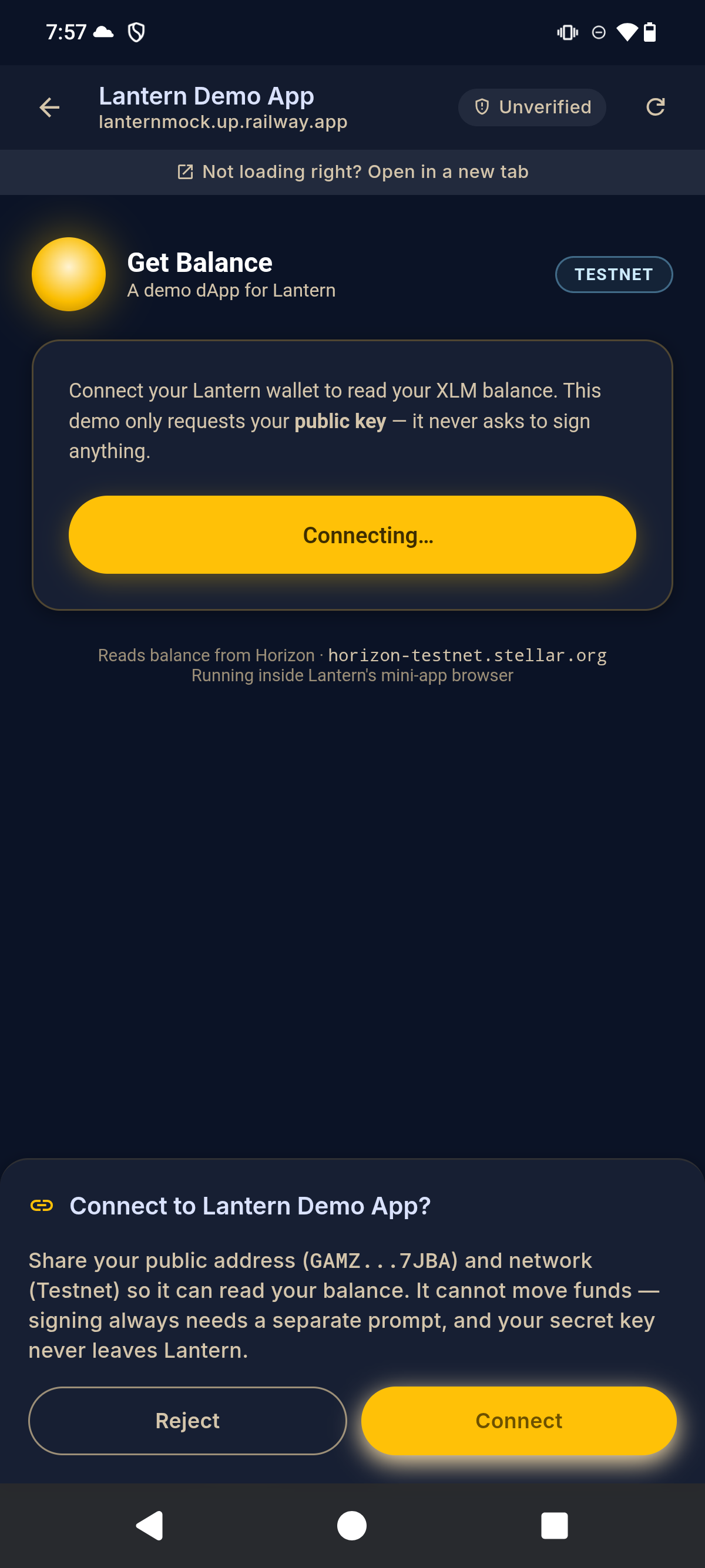A dApp connection prompt showing that only the public key is shared