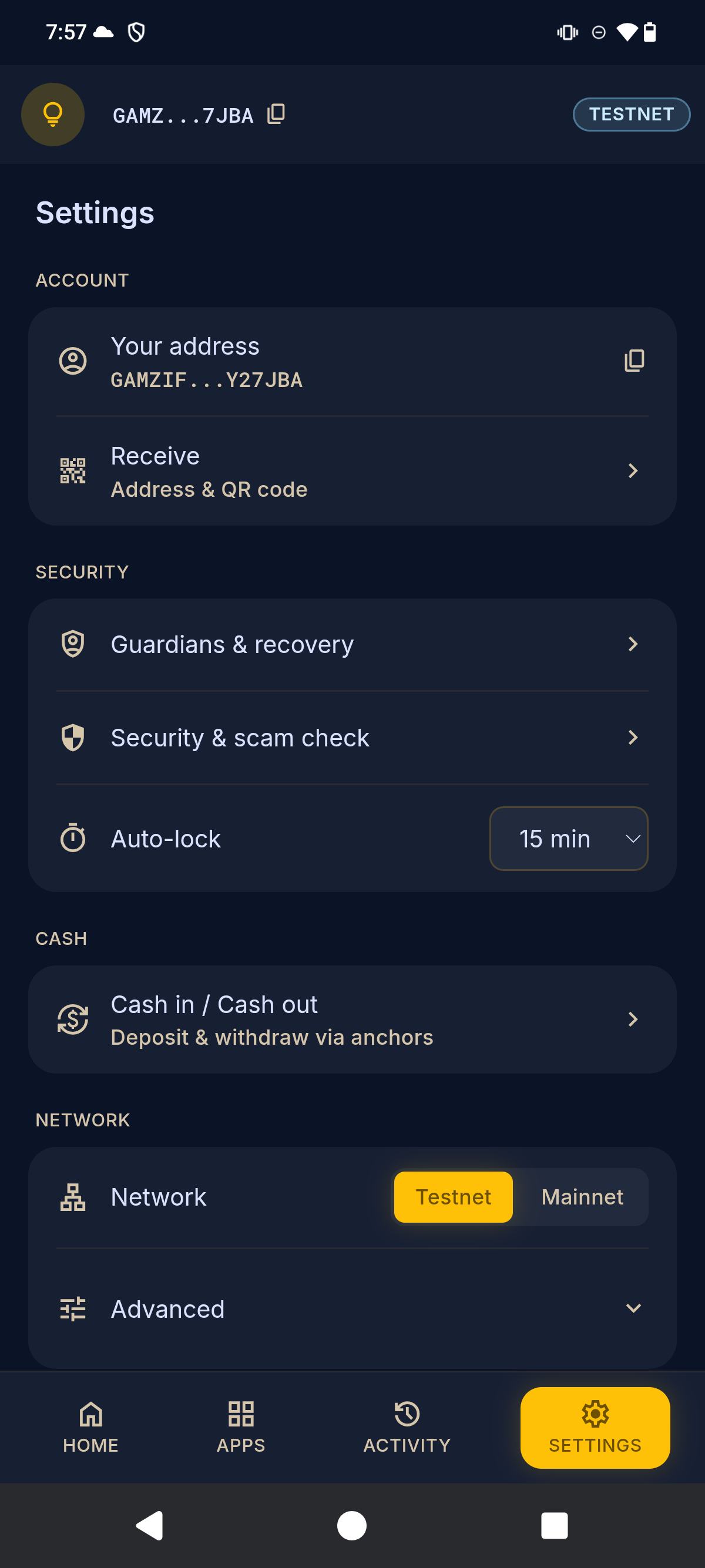 Settings screen with guardians, scam checks, cash in/out and network toggle