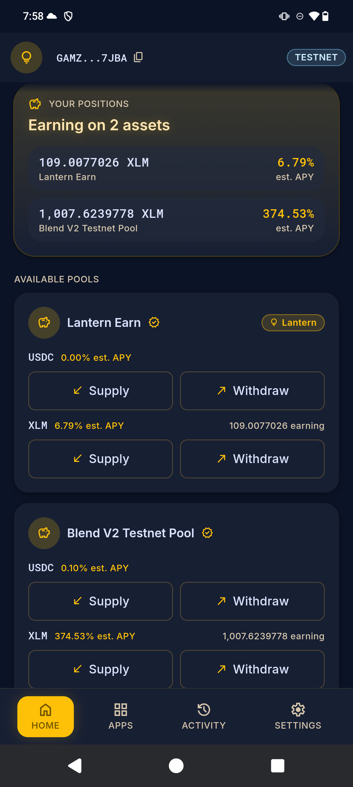 Earn screen showing Blend lending pool positions and APYs
