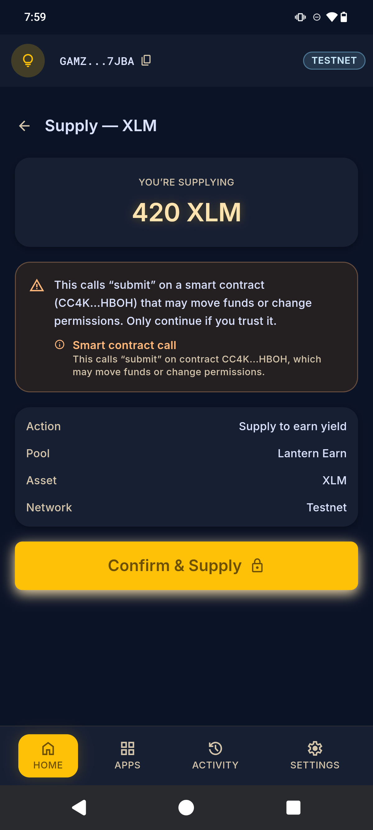 A supply confirmation reading back the smart-contract call in plain language